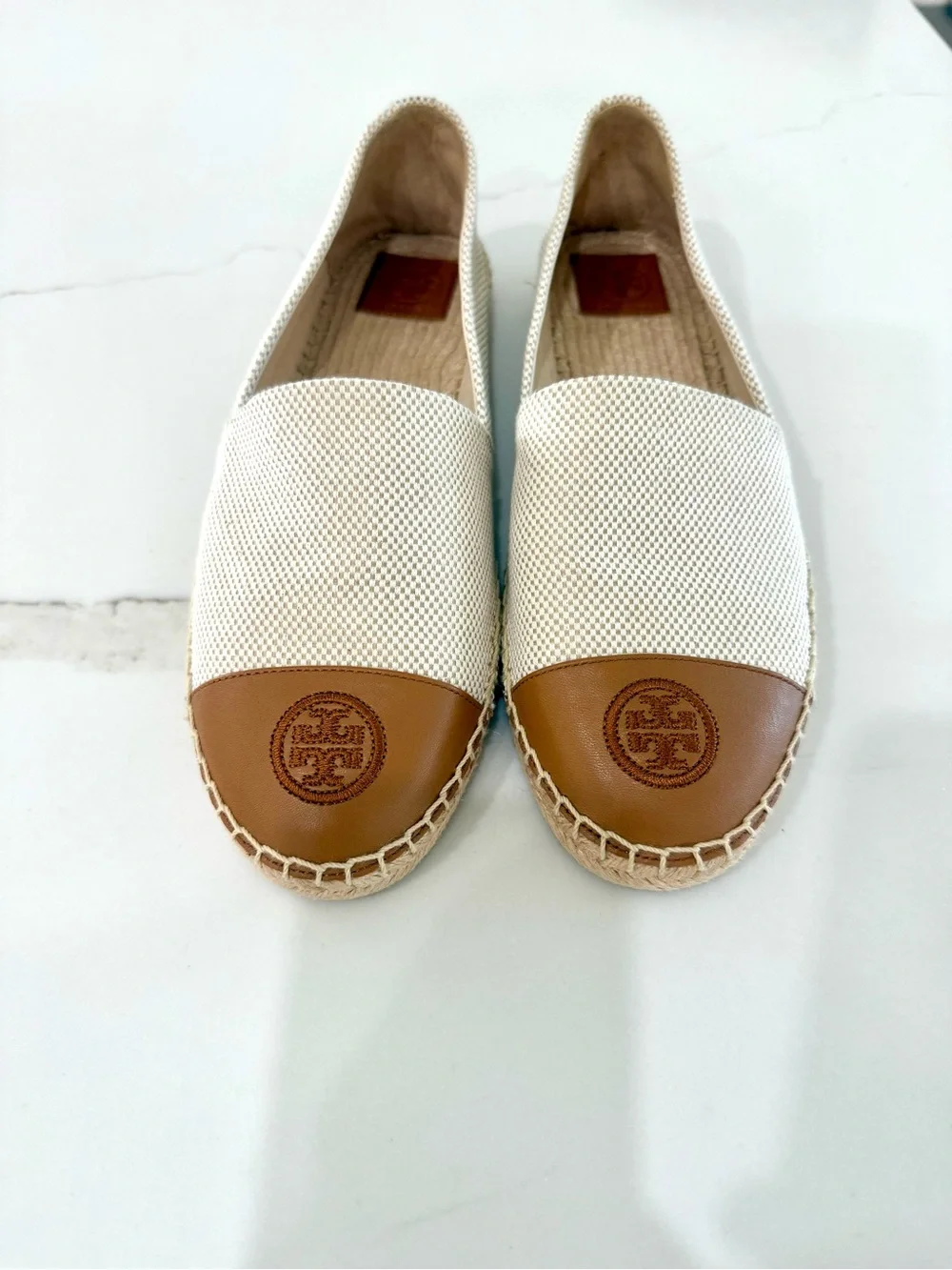 Tory Burch Cream Canvas Espadrilles with Tan Leather Cap Toe